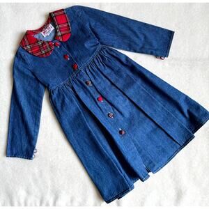 Vintage 90s MiMi Fashion Dress Baby Girl Size 1/2 Blue Denim Tartan Plaid Collar